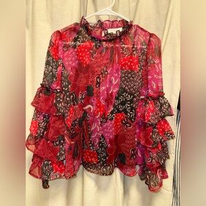 Calligraphie sheer, long-sleeved blouse with Ruffled Sleeves, Size S